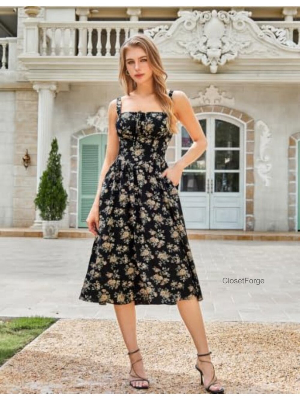 Women's Floral Corset Midi Dress with Pockets, Square Neck, Smocked Back, - Picture 4 of 6